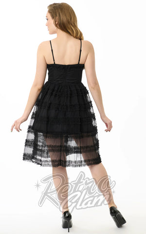 Unique Vintage Black Tiered Sheer Cocktail Dress back Unique Vintage Black Tiered Sheer Cocktail Dress back