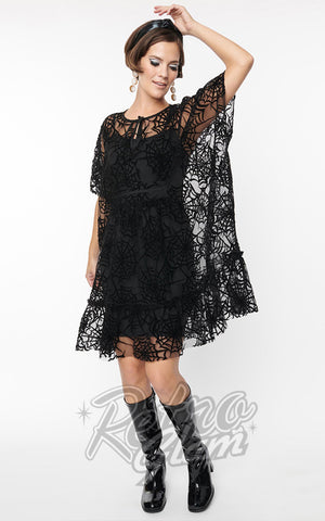 Smak Parlour Black Sheer Flocked Spiderweb Mini Caftan Smak Parlour Black Sheer Flocked Spiderweb Mini Caftan
