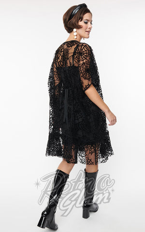 Smak Parlour Black Sheer Flocked Spiderweb Mini Caftan back Smak Parlour Black Sheer Flocked Spiderweb Mini Caftan back