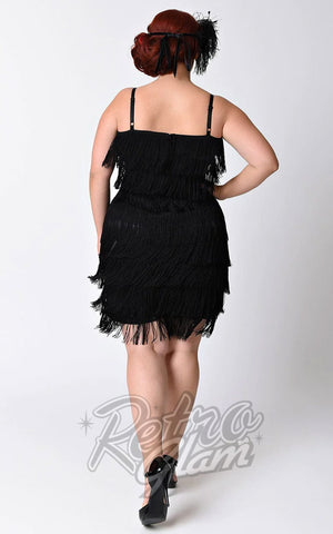 Unique Vintage Speakeasy Flapper Dress in Black curvy back