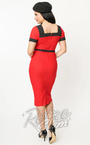 Unique Vintage Red & Polka Dot Wiggle Dress back Unique Vintage Red & Polka Dot Wiggle Dress back