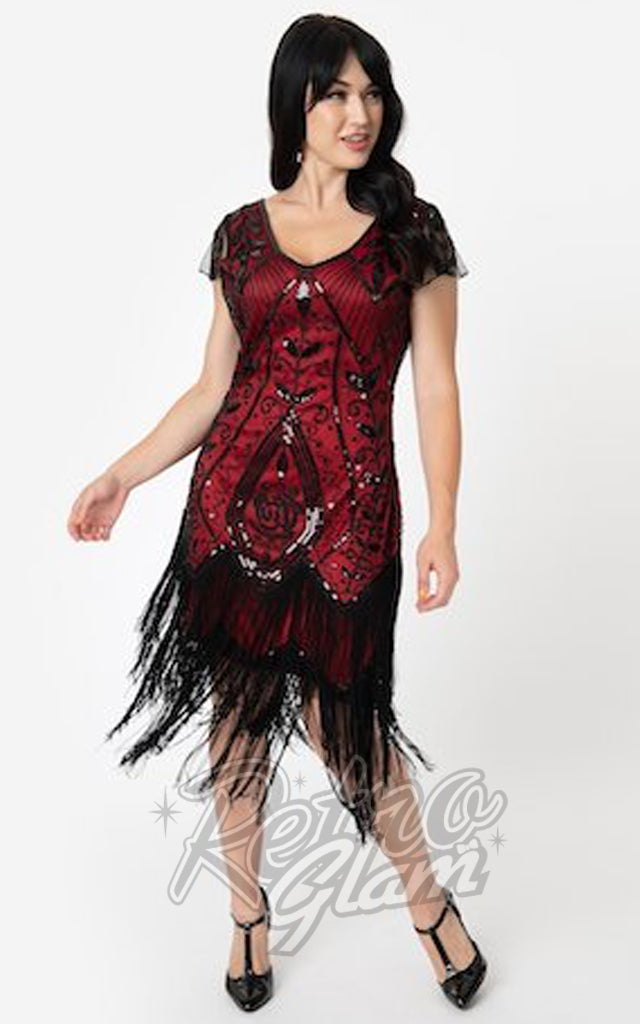 Unique Vintage Black Rose & Red Noele Flapper Dress - 1XL left only Unique Vintage Black Rose & Red Noele Flapper Dress - 1XL left only