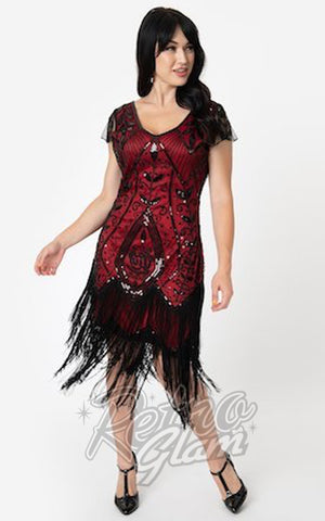 Unique Vintage Black Rose & Red Noele Flapper Dress - 1XL left only Unique Vintage Black Rose & Red Noele Flapper Dress - 1XL left only