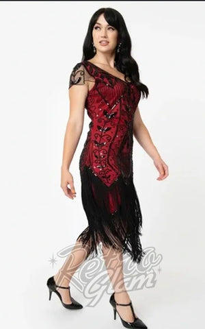 Unique Vintage Black Rose & Red Noele Flapper Dress - 1XL left only Unique Vintage Black Rose & Red Noele Flapper Dress - 1XL left only