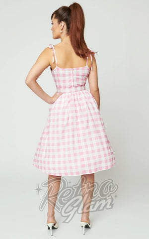 Unique Vintage Pink & White Gingham Bobbie Swing Dress back Unique Vintage Pink & White Gingham Bobbie Swing Dress back