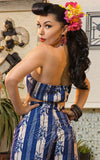 Boulevard Nights Mimosa Beach Drawstring Top in Blue Hawaiian back with shorts Boulevard Nights Mimosa Beach Drawstring Top in Blue Hawaiian back with shorts