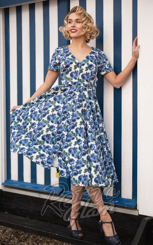 Collectif Shana Dress in Blue Pretty Roses Collectif Shana Dress in Blue Pretty Roses