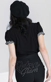 Hell Bunny Leslie Blouse in Black with B & W Stripe Trim back Hell Bunny Leslie Blouse in Black with B & W Stripe Trim back