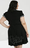 Hell Bunny Leslie Blouse in Black with B & W Stripe Trim curvy back Hell Bunny Leslie Blouse in Black with B & W Stripe Trim curvy back