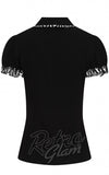 Hell Bunny Leslie Blouse in Black with B & W Stripe Trim detail detail back Hell Bunny Leslie Blouse in Black with B & W Stripe Trim detail detail back