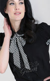 Hell Bunny Leslie Blouse in Black with B & W Stripe Trim detail Hell Bunny Leslie Blouse in Black with B & W Stripe Trim detail