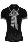Hell Bunny Leslie Blouse in Black with B & W Stripe Trim detail Hell Bunny Leslie Blouse in Black with B & W Stripe Trim detail