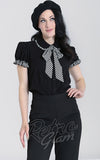Hell Bunny Leslie Blouse in Black with B & W Stripe Trim Hell Bunny Leslie Blouse in Black with B & W Stripe Trim