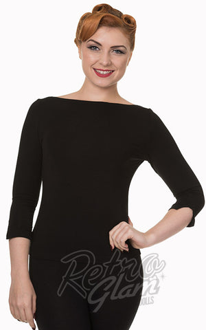 Banned bateau neckline Modern Love Top with 3/4 sleeves in Black front Banned bateau neckline Modern Love Top with 3/4 sleeves in Black front