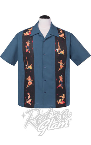 Steady Multi Pinup Panel Bowling Shirt in Blue