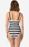 Unique Vintage X Barbie Black & White Chevron Stripe Swimsuit back Unique Vintage X Barbie Black & White Chevron Stripe Swimsuit back