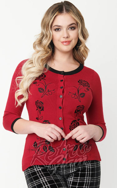 Unique Vintage Bookworm Roses Cardigan in Red Black XL 3XL left Retro Glam