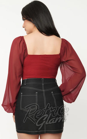 Unique Vintage Chiffon Sleeve Bodysuit in Burgundy back Unique Vintage Chiffon Sleeve Bodysuit in Burgundy back