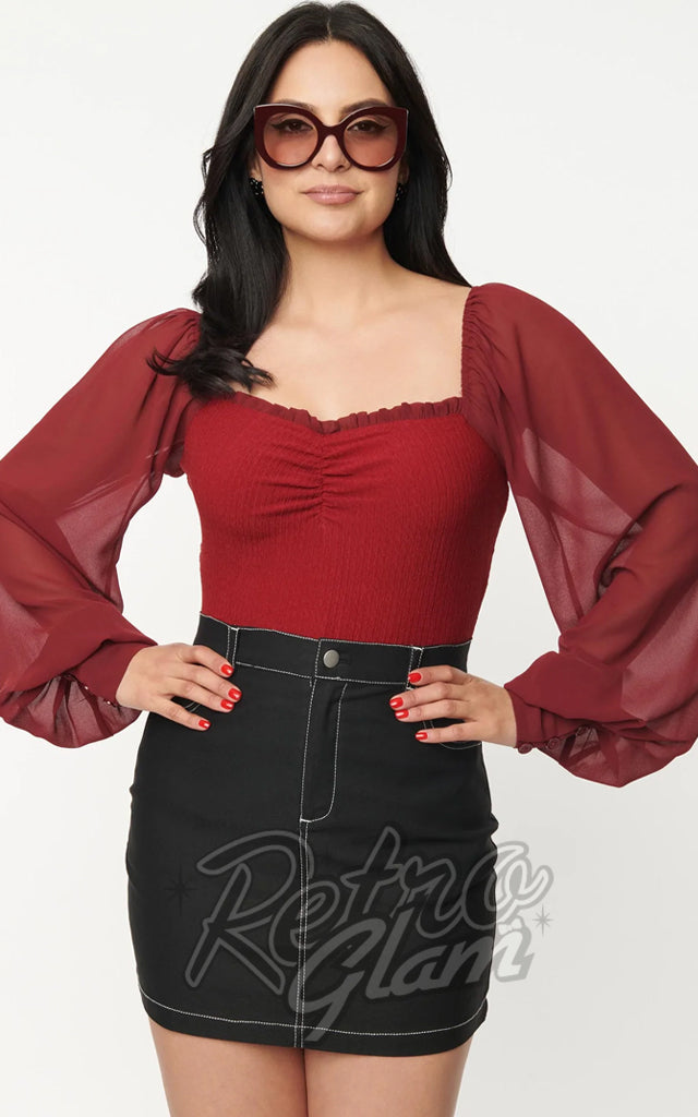 Unique Vintage Chiffon Sleeve Bodysuit in Burgundy Unique Vintage Chiffon Sleeve Bodysuit in Burgundy