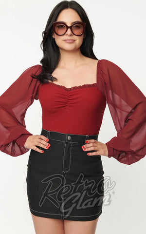 Unique Vintage Chiffon Sleeve Bodysuit in Burgundy Unique Vintage Chiffon Sleeve Bodysuit in Burgundy