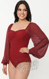 Unique Vintage Chiffon Sleeve Bodysuit in Burgundy pinup Unique Vintage Chiffon Sleeve Bodysuit in Burgundy pinup
