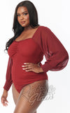 Unique Vintage Chiffon Sleeve Bodysuit in Burgundy plus size Unique Vintage Chiffon Sleeve Bodysuit in Burgundy plus size