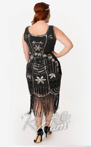 Unique Vintage Cremieux Flapper Dress in Black & Silver curvy back Unique Vintage Cremieux Flapper Dress in Black & Silver curvy back