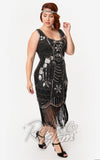 Unique Vintage Cremieux Flapper Dress in Black & Silver curvy side Unique Vintage Cremieux Flapper Dress in Black & Silver curvy side