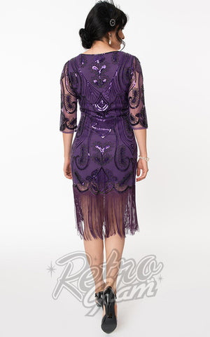 Unique Vintage Margaux 3/4 Sleeve Purple Flapper Dress back Unique Vintage Margaux 3/4 Sleeve Purple Flapper Dress back