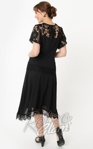 Unique Vintage Marmande Lace Flapper Dress in Black back