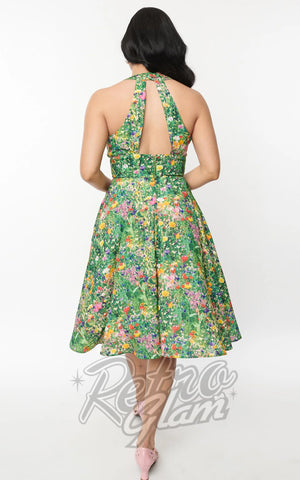 Unique Vintage Halter Swing Dress In Meadow Floral back Unique Vintage Halter Swing Dress In Meadow Floral back