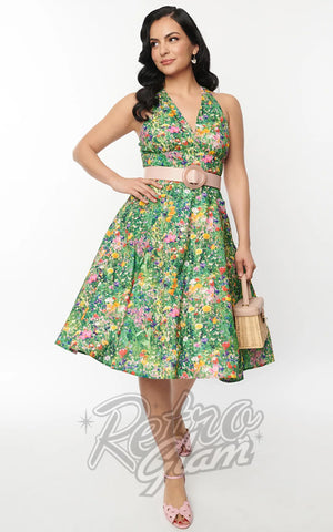 Unique Vintage Halter Swing Dress In Meadow Floral Unique Vintage Halter Swing Dress In Meadow Floral