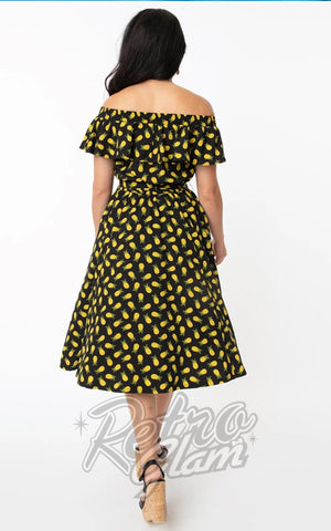 Unique Vintage Nashville Swing Dress in Black Pineapple Print back Unique Vintage Nashville Swing Dress in Black Pineapple Print back