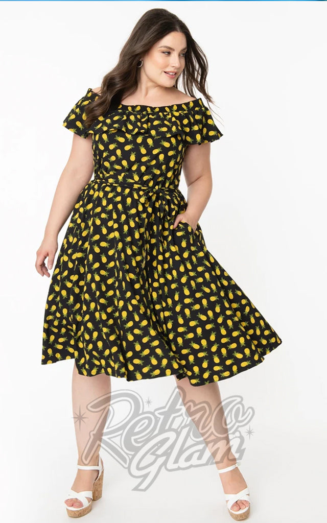 Unique Vintage Nashville Swing Dress in Black Pineapple Print - S left only