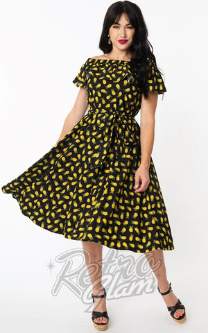 Unique Vintage Nashville Swing Dress in Black Pineapple Print Unique Vintage Nashville Swing Dress in Black Pineapple Print