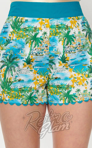 Unique Vintage Seaside Village Print Scallop Trim Shorts novelty Unique Vintage Seaside Village Print Scallop Trim Shorts novelty