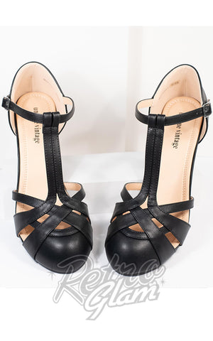 Unique Vintage Black Leatherette Woven T-Strap Heels