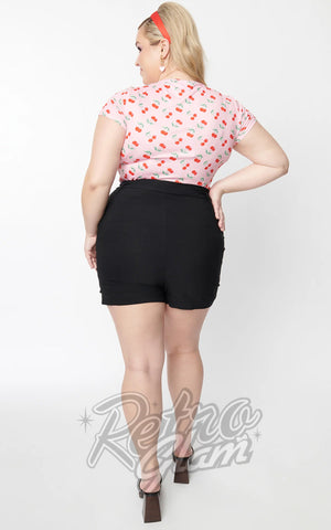 Unique Vintage High Waist Tied & True Shorts in Black plus sized back Unique Vintage High Waist Tied & True Shorts in Black plus sized back