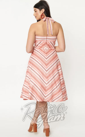 Unique Vintage Striped Halter Dress in Coral & Peach back Unique Vintage Striped Halter Dress in Coral & Peach back