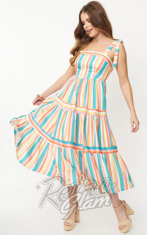 Unique Vintage Rainbow Stripe Tiered Midi Dress 70s