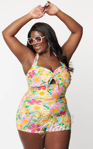 Unique Vintage 1970s Multicolor Floral Romper Swimsuit plus size Unique Vintage 1970s Multicolor Floral Romper Swimsuit plus size