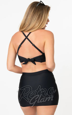 Unique Vintage Moonlight Top & Midnight Skirt Swimsuit in Spiderweb Print back Unique Vintage Moonlight Top & Midnight Skirt Swimsuit in Spiderweb Print back