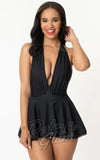 Unique Vintage Wendy skirted Swimsuit in Black front Unique Vintage Wendy skirted Swimsuit in Black front