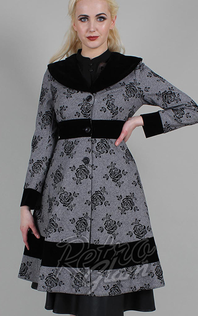 Voodoo Vixen Flo Floral Flocked Coat in Grey - M left only Voodoo Vixen Flo Floral Flocked Coat in Grey - M left only