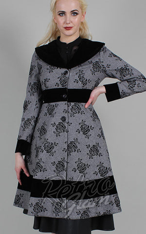 Voodoo Vixen Flo Floral Flocked Coat in Grey Voodoo Vixen Flo Floral Flocked Coat in Grey