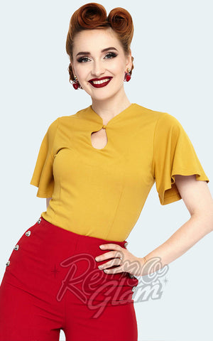Voodoo Vixen Key Hole Flutter Sleeve Top in Mustard Voodoo Vixen Key Hole Flutter Sleeve Top in Mustard