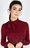 Voodoo Vixen High Neck Tie Burgundy Knit Top detail Voodoo Vixen High Neck Tie Burgundy Knit Top detail