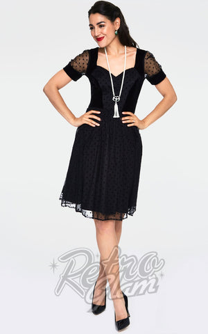 Voodoo Vixen Vonda Flare Dress in Black Swiss Dot