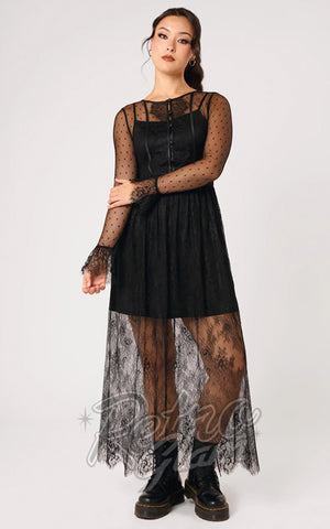 Black gothic-style dress with sheer long sleeves, polka-dot mesh, and a lace overlay hem