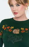 Voodoo Vixen Woodland Hedgehog Sweater in Green hedgehog